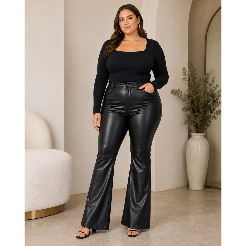 Rue+ Womens 1X Black Faux Leather High Rise Flare Bell Bottom Pants NWOT